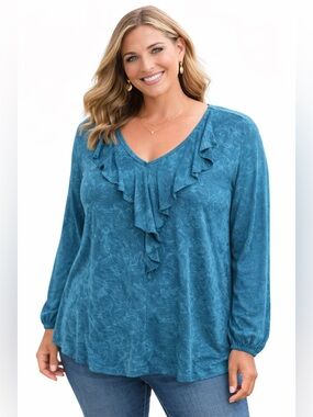 Sami & Jo Teal Ruffle V-Neck Long Sleeve Blouse